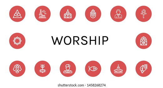 Set of worship icons such as God, Church, Jainism, Priest, Ankh, Prayer, Shiva, Christianity, Crown of thorns, Stained glass window , worship