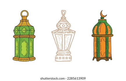 Set woth 3 illustration, vector graphic illustration, islamic lantern with hand draw style fit for your design flayer, banner, web page design, greeting card company or design social media