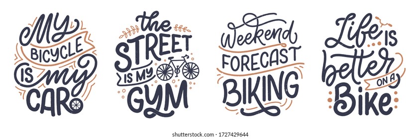 Set woth lettering slogans about bicycle for poster, print and t shirt design. Save nature quotes. Vector vintage illustration