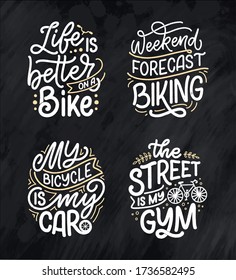 Set woth lettering slogans about bicycle for poster, print and t shirt design. Save nature quotes. Vector vintage illustration