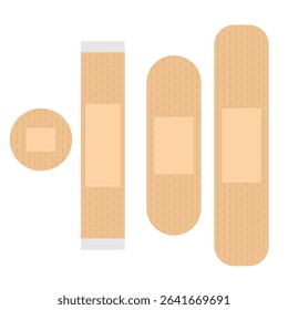 Set of wound plasters in various sizes,
used to cover minor skin wounds,
essential in doctor and first aid,
medical kit, flat design style.