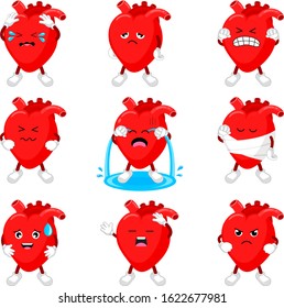 Set of wounded red heart character. Human health care concept. Illustration isolated on white background.