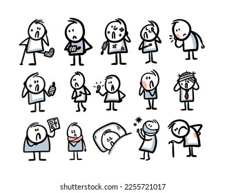 Set of wounded, sick people with plaster  visiting the hospital and receiving medical care. Vector illustrations of funny doodle stickman with health problems.