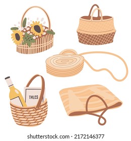 A set of woven bags. Wicker picnic baskets. Summer women's fashion handbag and wine