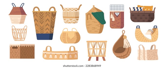Set of Woven Baskets Made Of Natural Materials Such As Willow, Reed, Or Bamboo In Various Shapes And Sizes
