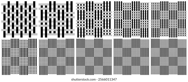 Set of woven geometric patterns with black and gray striped elements. Endless flat vector design.