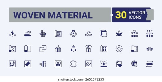 Conjunto de Material tecido ícone da linha. Relacionado com tecidos sintéticos, tecido, têxtil, material e muito mais. Conjunto de ícones de linha de vetor de Material de Tecido. Ícones lineares minimalistas. Contorno e pictograma sólido.