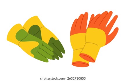 set of woven, rubber gloves. Diverse. Flat color isolated illustration. Gardening tools. Seasonal work. Agricultural crop items. Suitable for ecology, garden, cleaning, household, packaging design