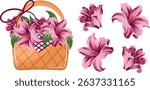 set with a woven straw basket with pink lily flowers and the lily bouquet itself, for various designs