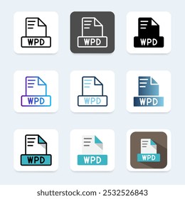 Definir ícones de formato de arquivo wpd. com uma variedade de opções de cores e designs modernos.