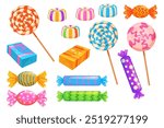 Set of wrapped candies in flat cartoon design. A bright and colorful assortment of candies featuring bars, lollipops and wrapped candies in various shapes and colors. Vector illustration.