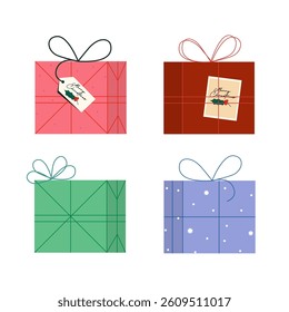 Set of wrapped presents with colorful paper, ribbons, and bows isolated on white background