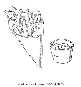 Set of wrapping french fries and bowl of sauce. Hand drawn vector illustration.