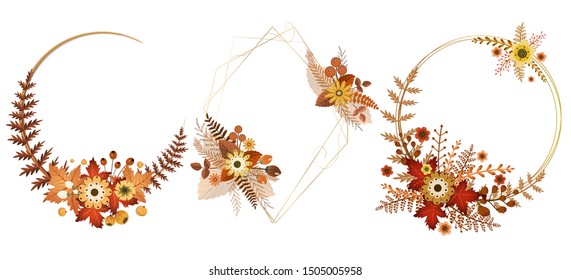 Set Wreath autumn with flowers vector. Ornaments Autumn of leaves. Illustrations wreath. Vector floral, Happy Autumn Festival. Wreath of flowers.