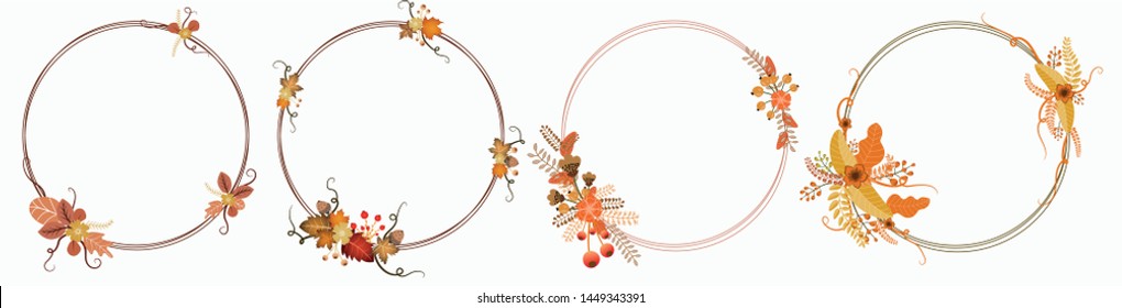 Set Wreath  autumn with flowers vectors.  Ornaments Autumn of leaves. Illustrations wreath. Vector floral, Happy Autumn Festival. Wreath of flowers.