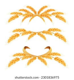 Set Wreath border from spikelets, golden color wheat horizontal frame in cartoon style isolated on white background. For bakery, tags or labels