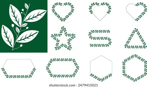 Set von Kranz Blumenrahmen in verschiedenen geometrischen Formen, Monogrammen und Rändern.Klassische handgezeichnete Kranz. Designelement für Hochzeitseinladungen, Schönheit, Spa, Salon, Luxus-Dekor. Elegantes Ornament