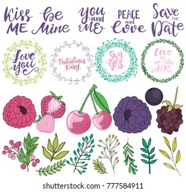 Set of wreath, lettering, leaf and berries for Valentine's Day. Editable vector illustration