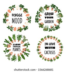 Set of wreath ornament hygge designs. Set of potted succulent plants in a circle composition. Cozy lagom scandinavian collection of plants