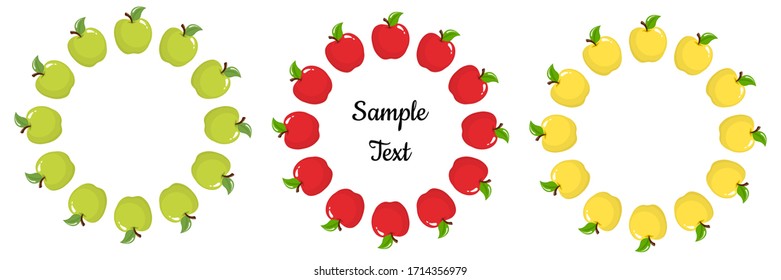 Set of wreath from red, green and yellow apple fruits with space for text. Cartoon organic sweet food. Summer fruits for healthy lifestyle. Vector illustration for any design.