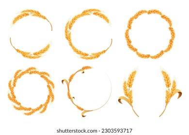 Set Wreath von Spikelet, Rahmen, Rand goldene Farbe Weizen Kreis in Cartoon-Stil einzeln auf weißem Hintergrund. für Backwaren, Etiketten oder Etiketten