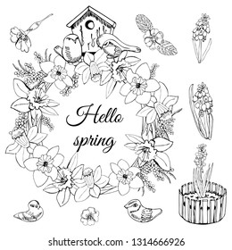 Set of wreath of spring flowers, nesting box and little birds. Hand drawn monochrome sketch isolated on white background. Vector illustration.