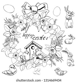 Set of wreath of spring flowers, nesting box, bow, eggs and little birds. Hand drawn monochrome sketch isolated on white background. Vector illustration.