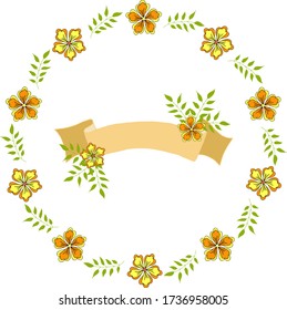Set of wreath with yellow doodle flowers and ribbon for gift on holiday. Vector hand draw  Illustration EPS10