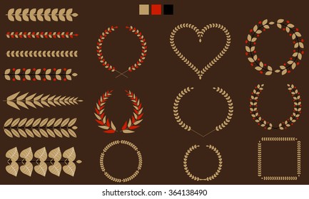 Set of Wreaths, branches, leaf collection with flat tricolor. Valentine heart. Vector illustration.