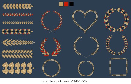 Set of Wreaths, branches, leaf collection with flat tricolor. Vector illustration.