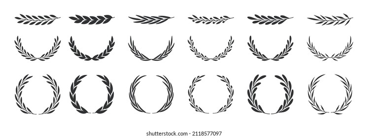 Set of wreaths and branches with leaves. Hand drawing laurel wreaths and branches collection. Laurels wreaths, swirls, twigs and flower ornaments. Herbs, flowers and plants elements. Design elements.