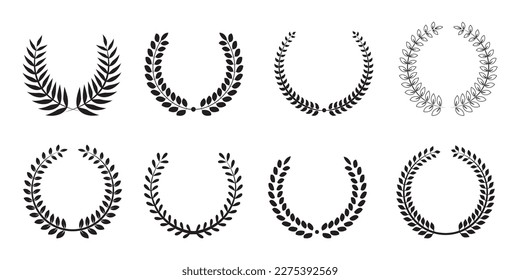 Set of wreaths and branches with leaves. Hand drawing laurel wreaths and branches collection. Laurels wreaths, swirls, twigs and flower ornaments.