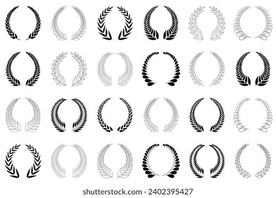 Set of wreaths and branches with leaves. Hand drawing laurel wreaths and branches collection