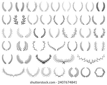 Set of wreaths and branches with leaves. Hand drawing laurel wreaths and branches collection. Vector illustration.