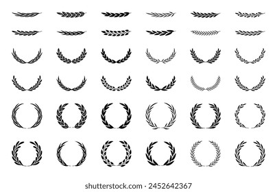 Set of wreaths and branches with leaves. Hand drawing laurel wreaths and branches collection. Laurels wreaths, swirls, twigs and flower ornaments. Herbs, flowers and plants elements. Design elements.