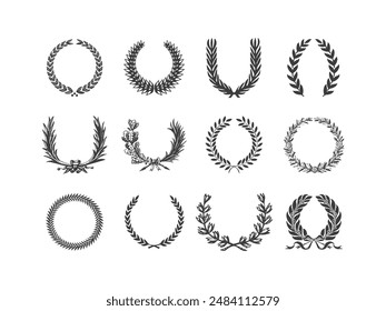 Set of wreaths and branches with leaves. Hand drawing laurel wreaths and branches collection. Laurels wreaths, swirls, twigs and flower ornaments. Herbs, flowers and plants elements. Design elements.