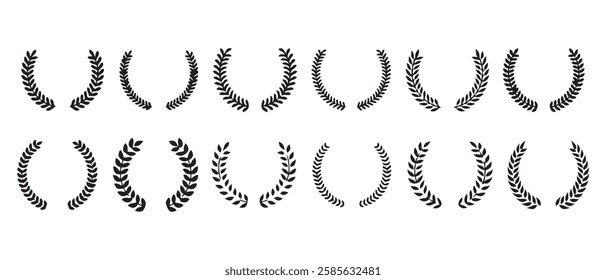 Set of wreaths and branches with leaves. Hand drawing laurel wreaths and branches collection. Laurels wreaths, swirls, twigs and flower ornaments. Herbs, flowers and plants elements. Design elements.