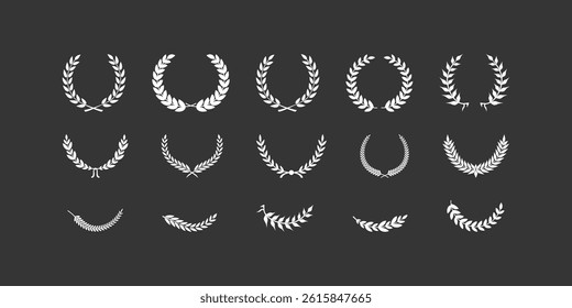 Set of wreaths and branches with leaves. Hand drawing laurel wreaths and branches collection. Laurels wreaths, swirls, twigs and flower ornaments. Herbs, flowers and plants elements. Design elements.