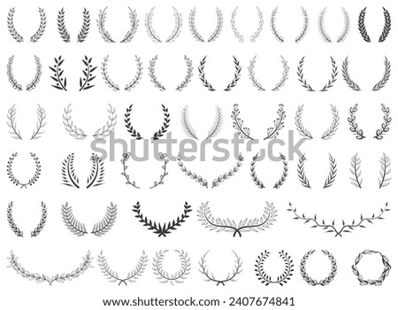 Set of wreaths and branches with leaves. Hand drawing laurel wreaths and branches collection. Vector illustration.