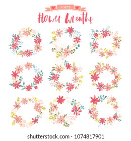 Set of wreaths composed of flowers. Vector template with beautiful flourishes ornament elements.