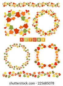 Set of wreaths and dividers with colorful Autumn leaves. Isolated design elements. Fall leafage colors. Collection of frames or border Autumn theme. Copy space. Vector file is EPS8.