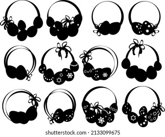 A set of wreaths for Easter.Silhouette of an Easter basket with eggs. Impression, stamp. Black illustration. Consecrated eggs. A religious holiday.