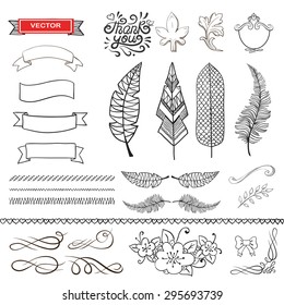 Set of wreaths and feather. Flower wreath, frame, border. Design scroll elements, decorative line, curls. Collection of ribbons, laurel. Graphic vintage set. Vector illustration. 