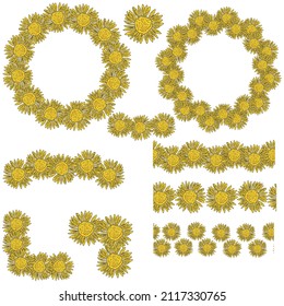 Set of wreaths, frames, borders, dividers and corners of bright yellow garden sunflower flowers vector illustration
