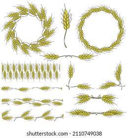 A set of wreaths, frames, dividers and corners from spikelets, cereal plants for a decorative design for a flyer, leaflet or banner vector illustration