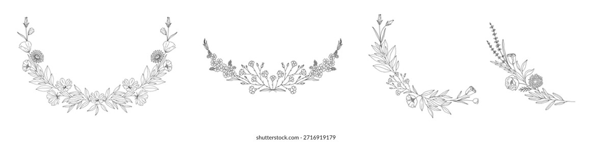 Conjunto de coroas de flores, armações de ramos florais. Grutas de galhos, contorno preto, isoladas no branco. Esboços botânicos em estilo de arte de linha para decoração de casamento e projetos de design. Ilustração vetorial