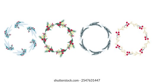 Set of wreaths, hand drawn vector illustration, berries, twigs