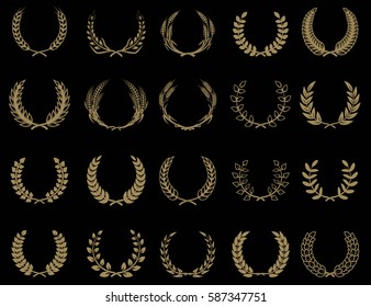 Set of wreaths icons in golden style. Design element for logo, label, emblem, sign. Vector illustration.