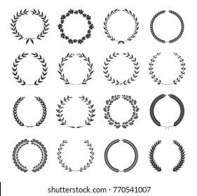 Set of wreaths isolated on white background. Laurel foliate Wreaths and circular frames for awards.Design elements for logo, label, emblem, poster, t-shirt. Vector illustration.