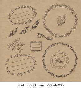 Set of wreaths and labels. Contains leaves, twigs, flowers, berries. Kraft background.
